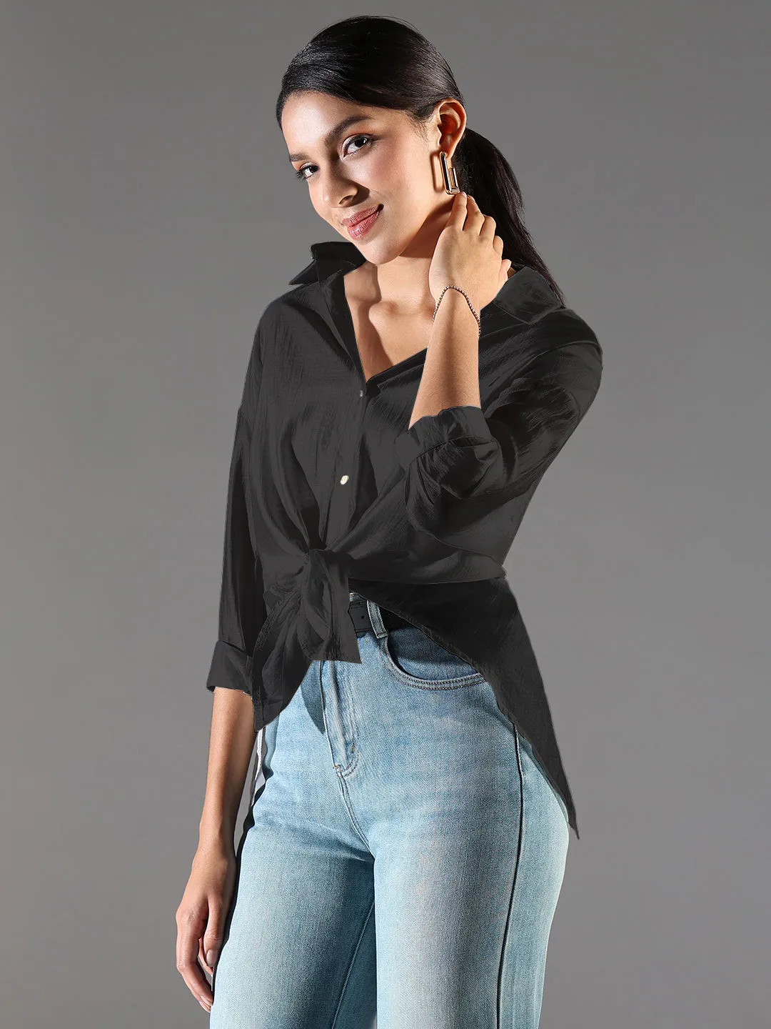 Stylish Look Women's Black Solid Oversized Shirt