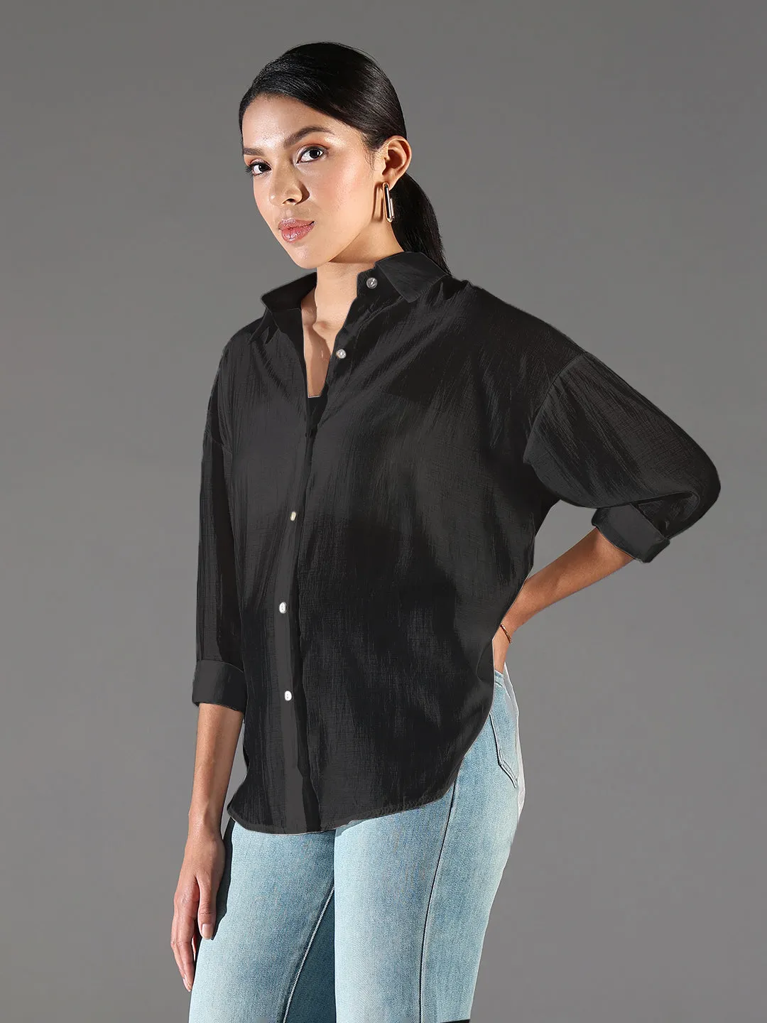 Recycled Polyester Blend Day-to-Day Comfort Women's Black Solid Oversized Shirt