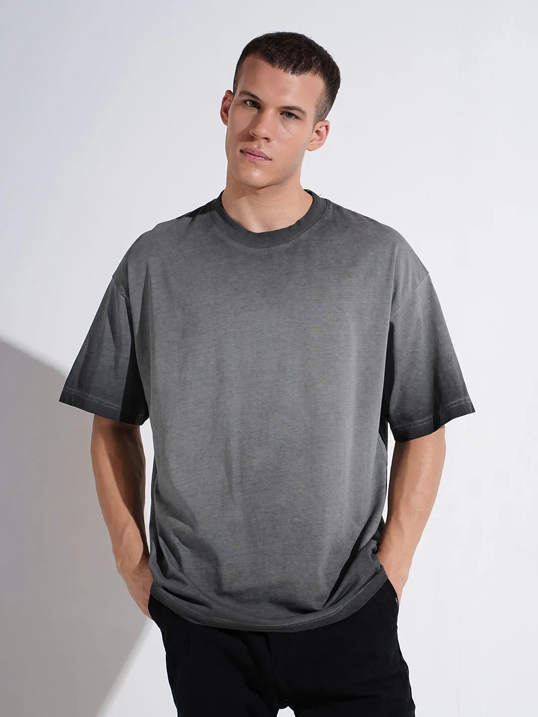 Casual Statement Relaxed Comfort Fit Men's Ombre Grey Short Sleeves Round Neck Oversized T-Shirt
