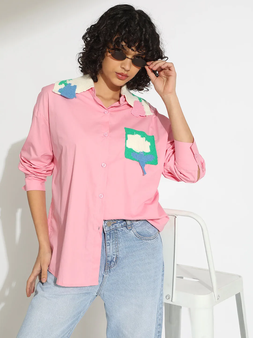 Essential Top Women's Pink Button-Down Shirt with Crochet Patchwork Detail