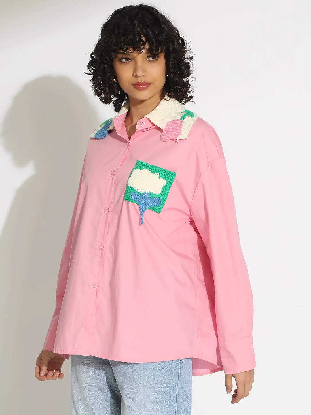 Women's Pink Button-Down Shirt with Crochet Patchwork Detail Preppy Casual Look