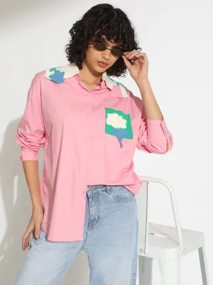 Essential Top Women's Pink Button-Down Shirt with Crochet Patchwork Detail