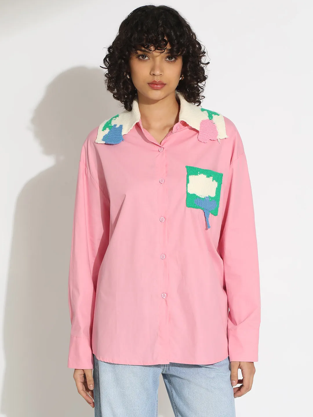 Stylish Wearable Women's Pink Button-Down Shirt with Crochet Patchwork Detail