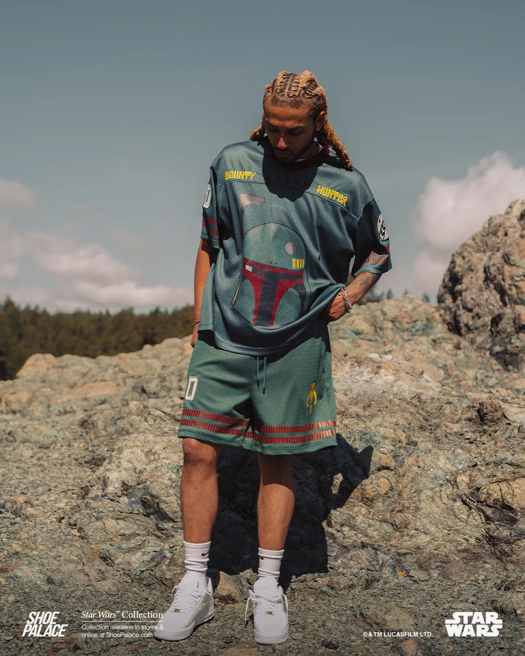 Shoe Palace Star Wars? BOBA FETT? Mens Jersey (Green/Beige) Stretchable Armholes Directional Vent Patterns