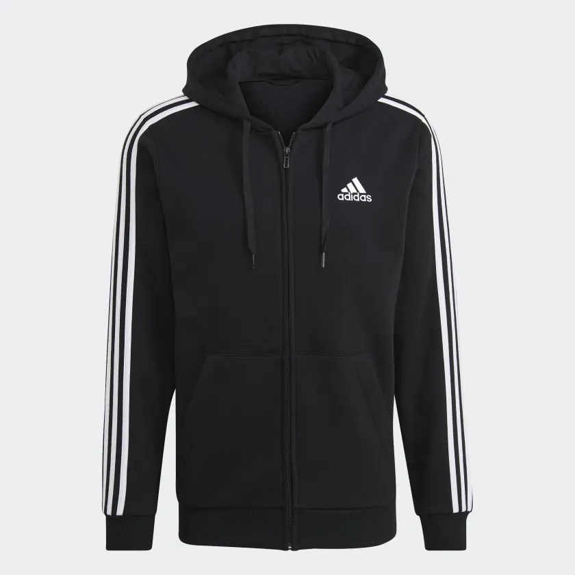 Polka Dot Ribbed Cuffs adidas ESSENTIALS FLEECE 3-STRIPES Full-Zip Hoodie | Black-White | Men's