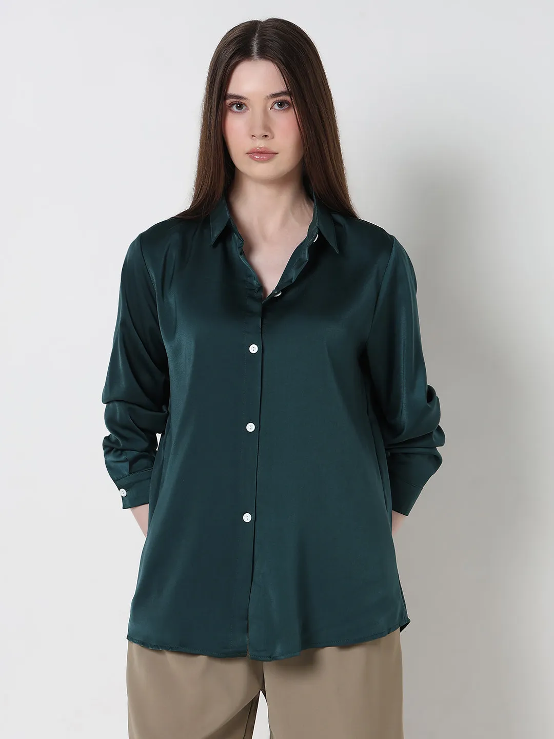 Women's Green Relaxed Fit Shirt Ethically Sourced Material Classic timelessness