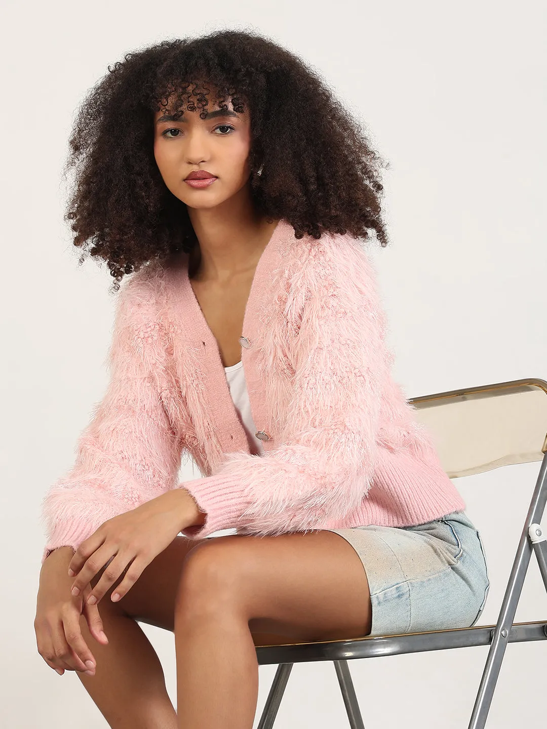 Circular Knit Pattern Women's Pink Solid V-Neck Shrug