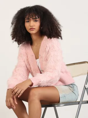 Circular Knit Pattern Women's Pink Solid V-Neck Shrug