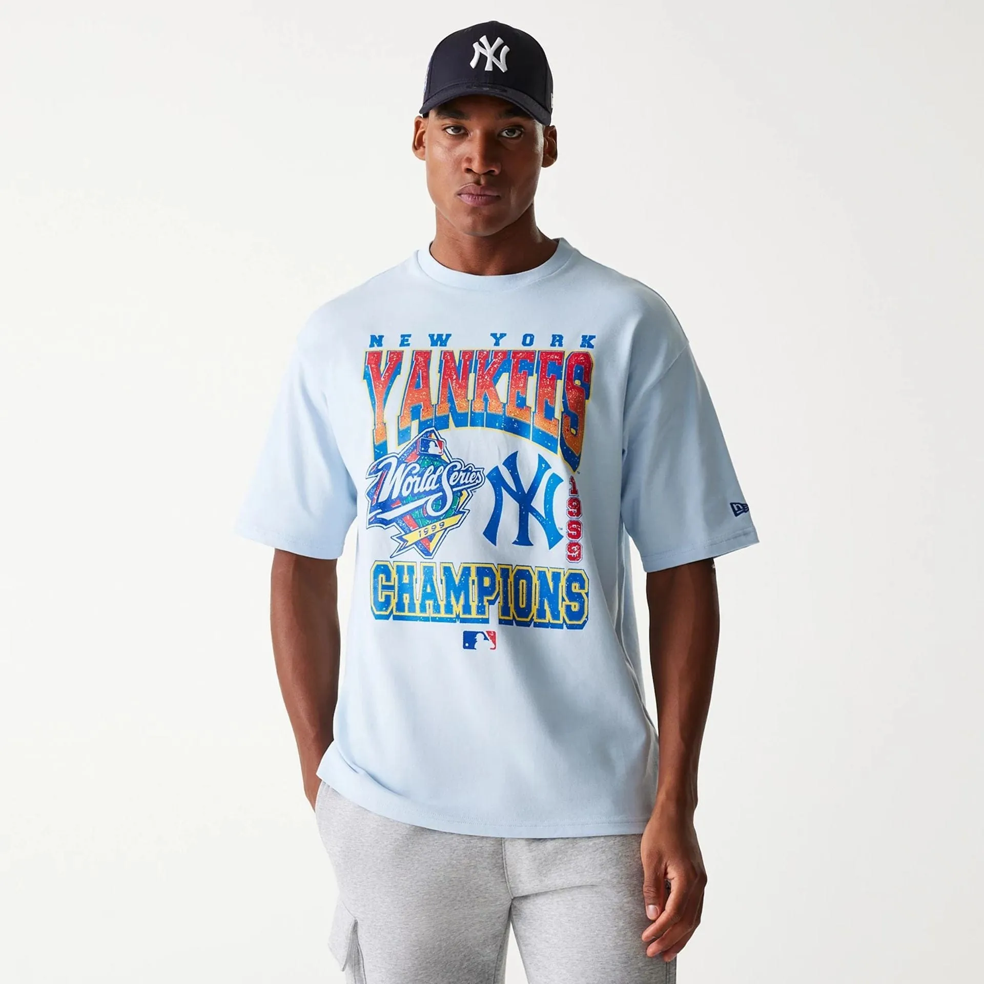 New Era New York Yankees MLB World Series Pastel Blue Oversized T-Shirt Flexible Ribbed Cuffs