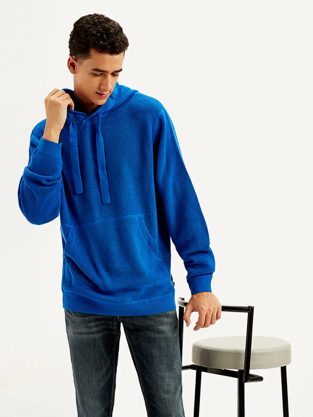 Men's Solid Blue Hooded Sweatshirt Simple Classic Smooth zipper closure