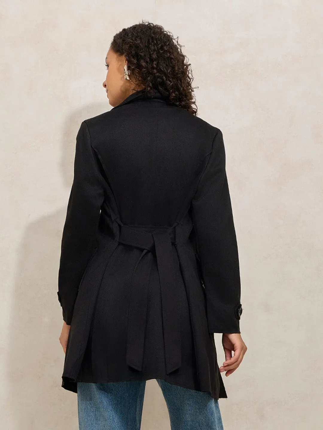 MoistureWickingLining Women's Black Trench Coat with Shoulder Flaps