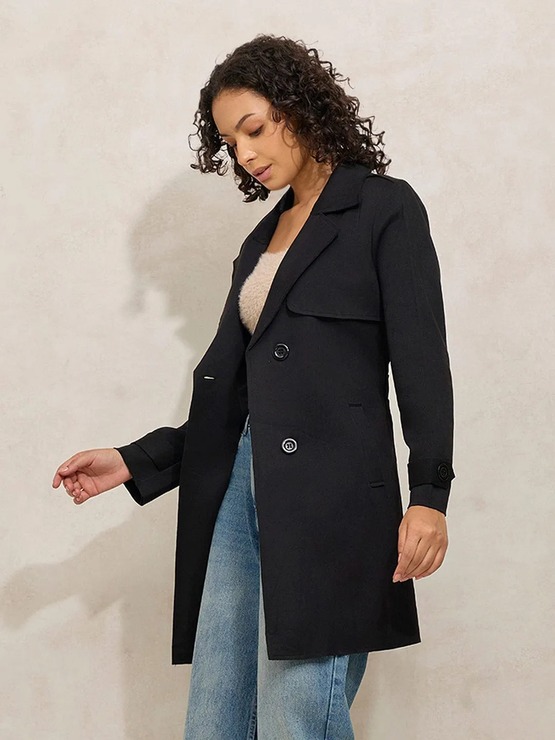Women's Black Trench Coat with Shoulder Flaps Stretch Weave Fabric