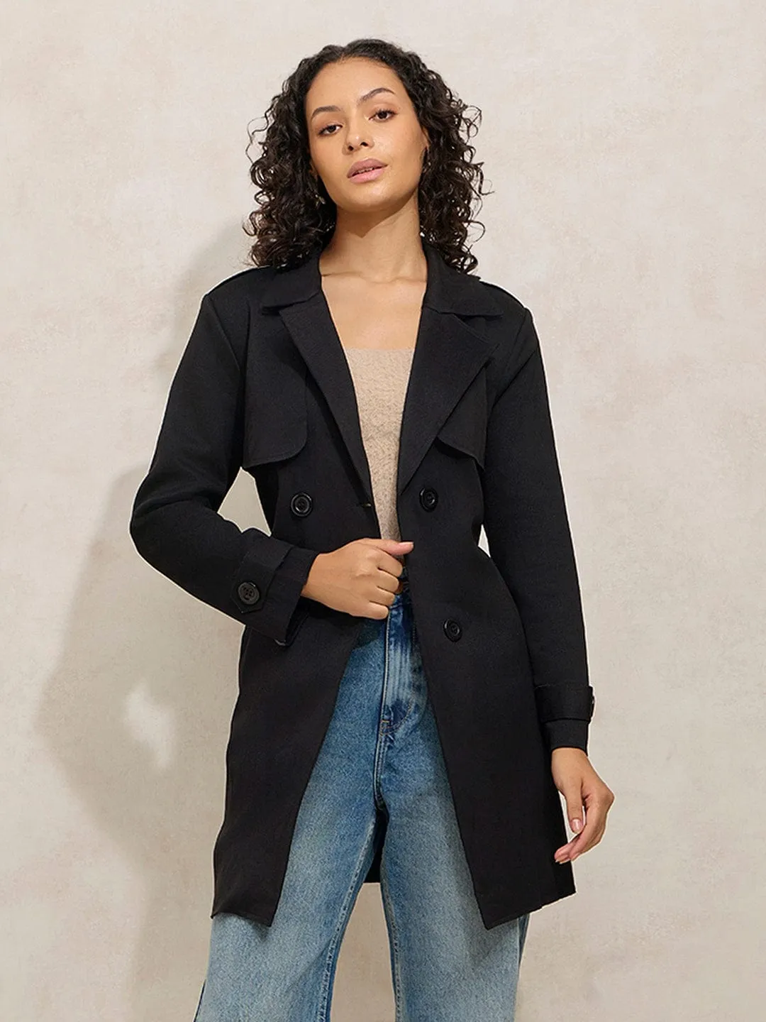 Women's Black Trench Coat with Shoulder Flaps Recycled Polyester Blend Lightweight Layer