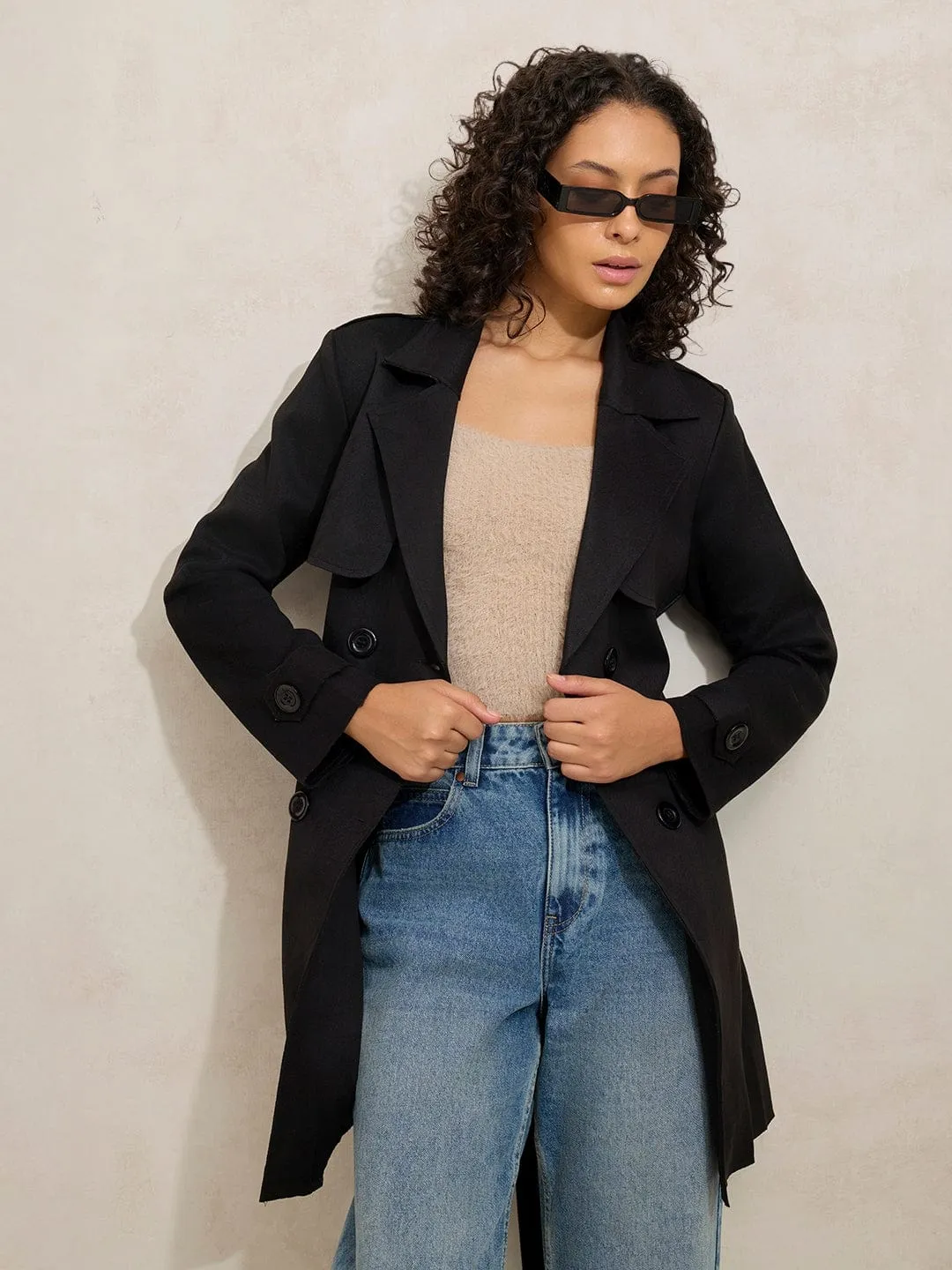 Women's Black Trench Coat with Shoulder Flaps Soft Weather Wear Buttery Soft Handfeel