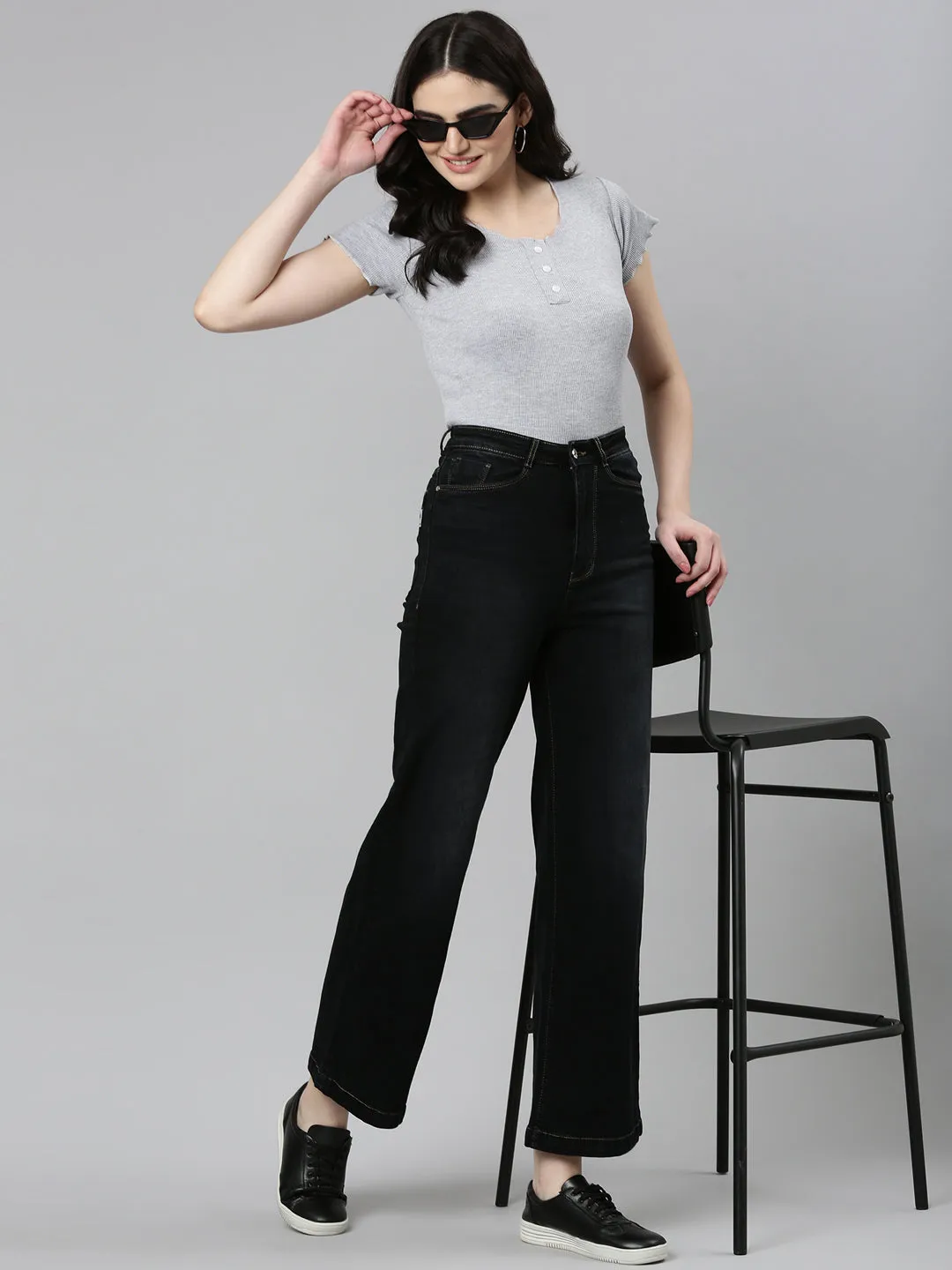 Women's Black Wide Leg Light Fade Acid Wash Denim Jeans comfortable option Universal Fit Sizing