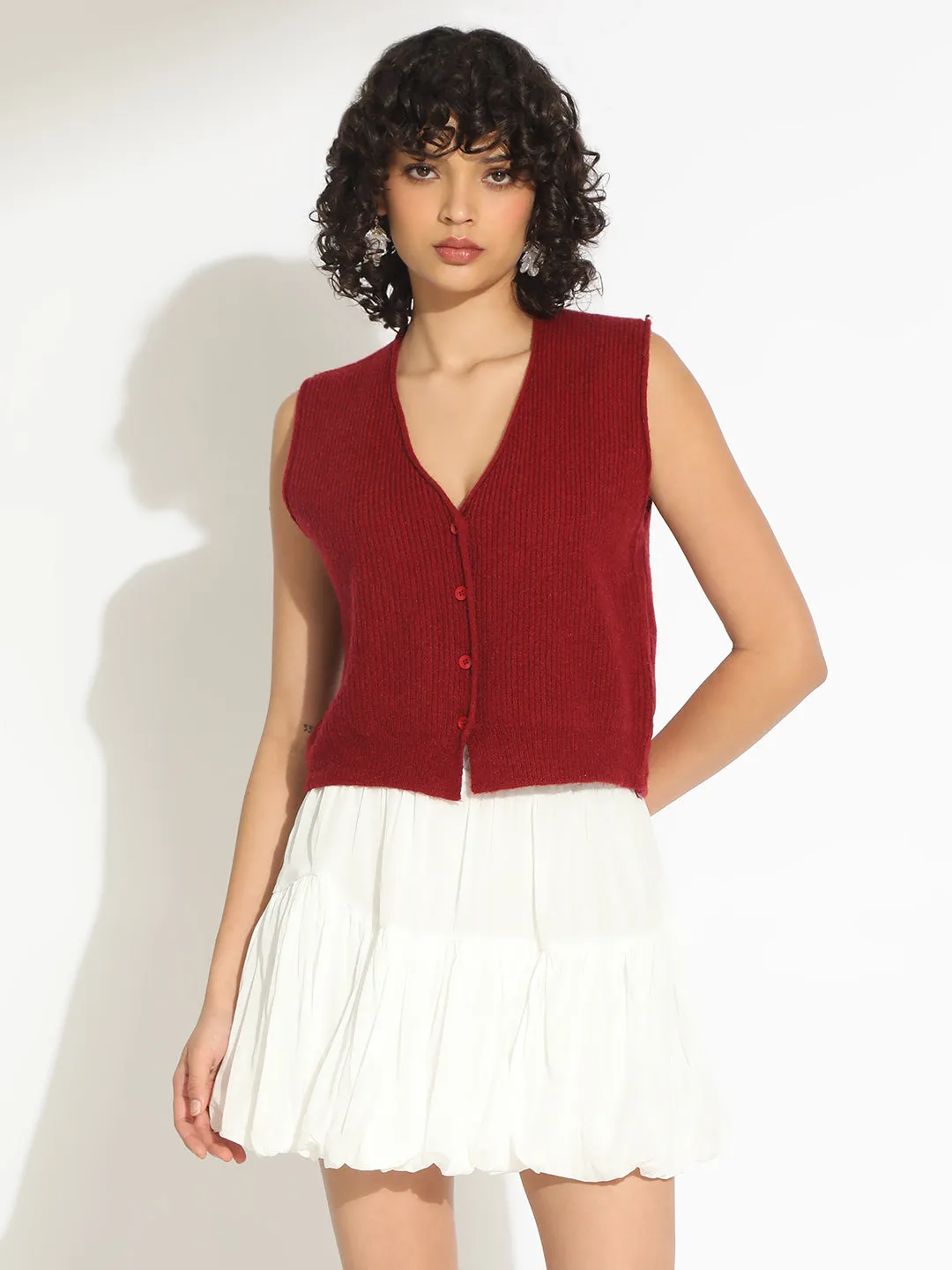 Women's Red Ribbed Vest Top GarmentDyed Finish