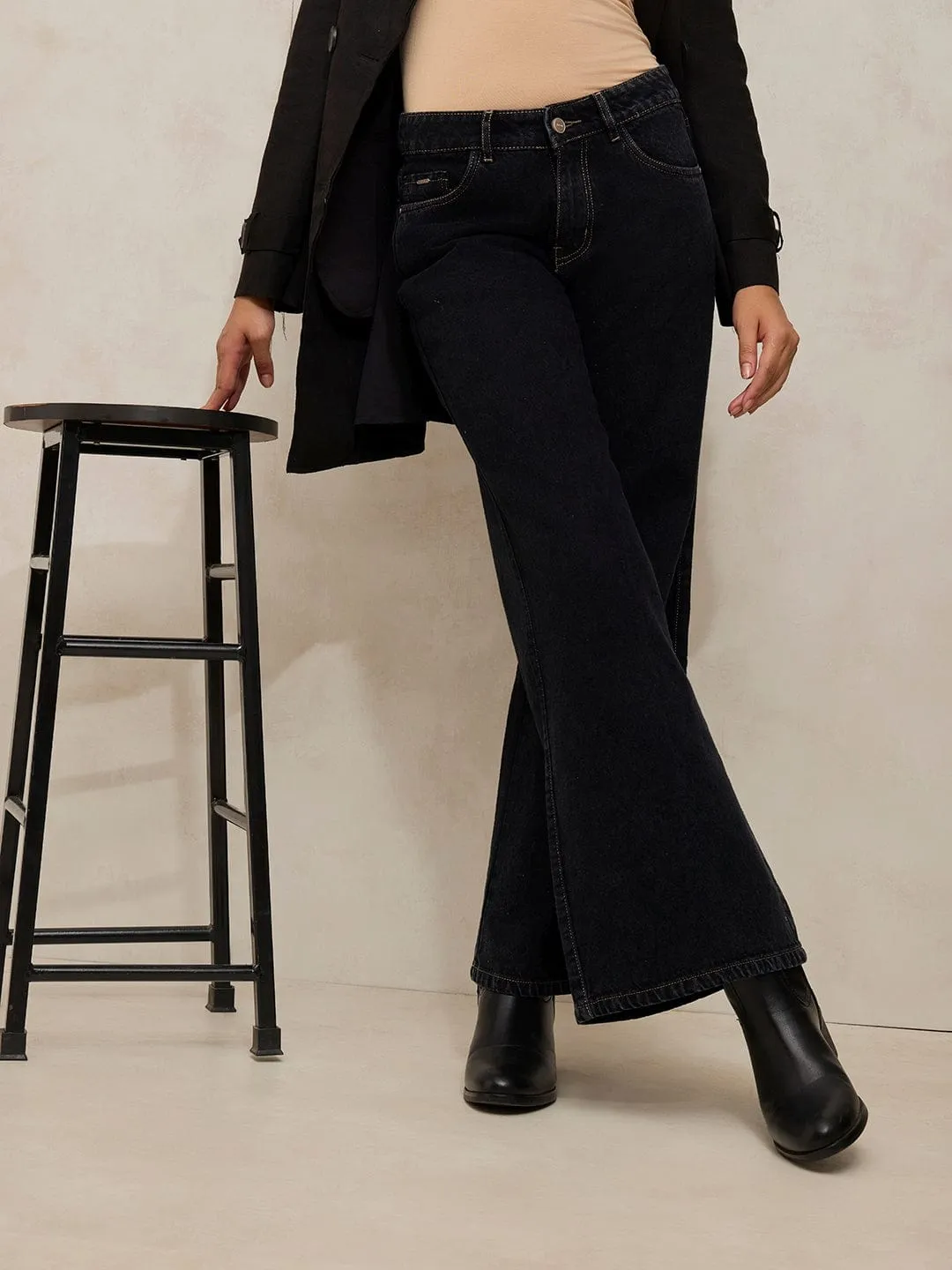 Perfect Fit Women's Black High Rise Wide Leg Jeans