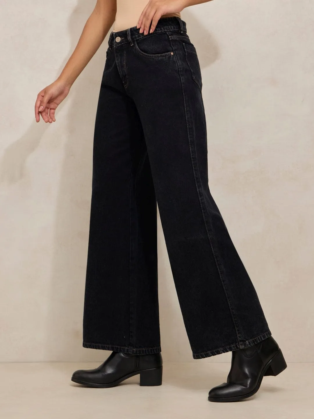 Travel Ready Women's Black High Rise Wide Leg Jeans
