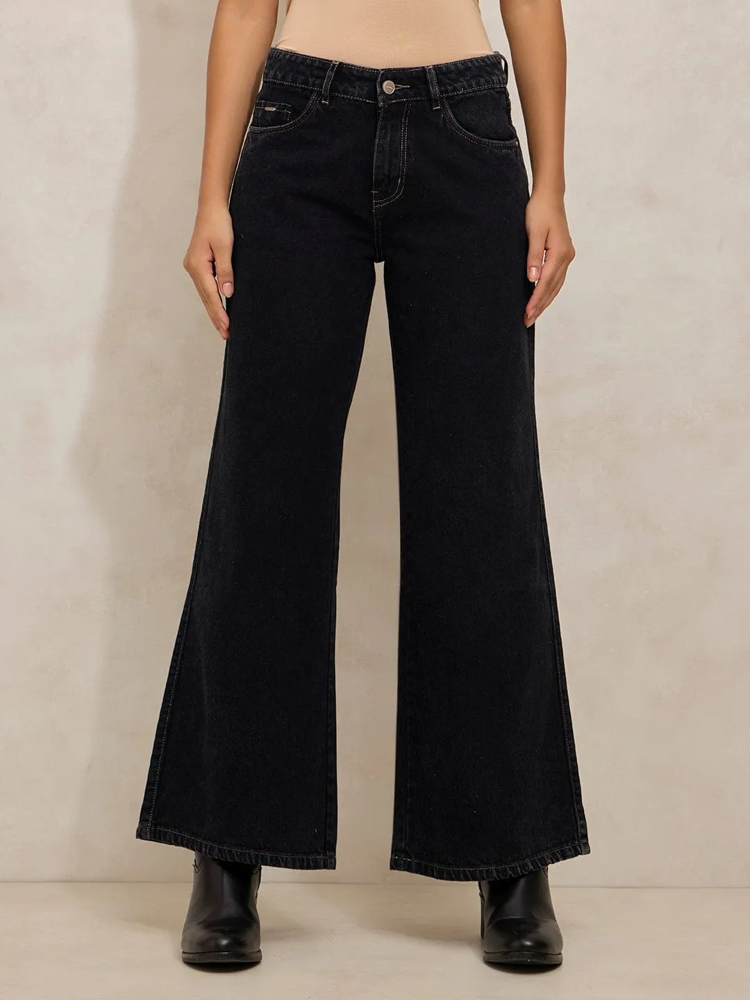 Women's Black High Rise Wide Leg Jeans Casual Dressing Sharp Silhouette