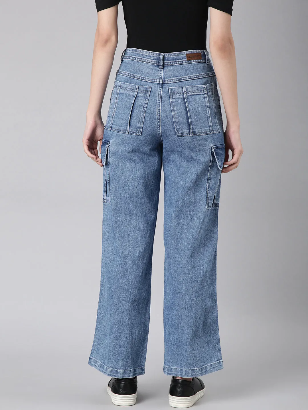 Street Fashion Casual Winter Warmth Women's Blue Wide Leg Acid Wash Light Fade Denim Cargo Jeans