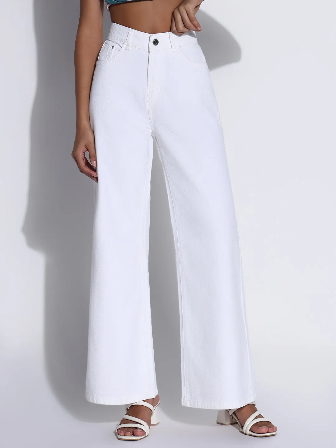 Comfy Tailoring Acid Wash Effect Women's Solid White Wide Leg Jeans