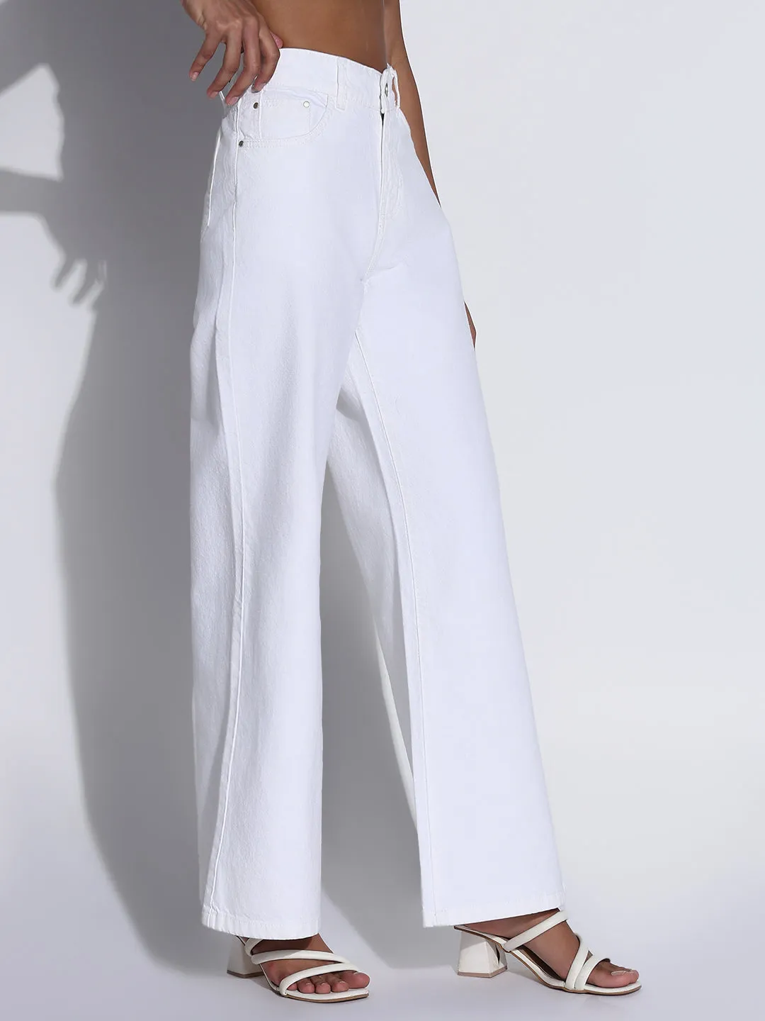 Women's Solid White Wide Leg Jeans Quick Match
