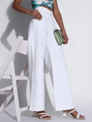 Stylish Casual Evening Stroll Women's Solid White Wide Leg Jeans