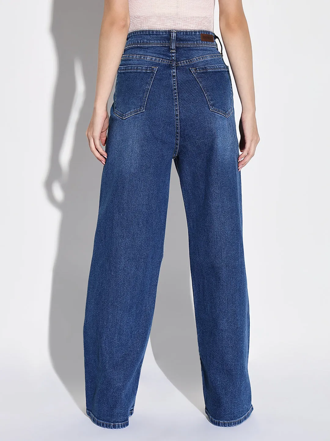 Colorfast Dyeing Method Women's Navy Blue Cotton Comfort Wide Leg Light Fade Acid Wash Mid-Rise Stretchable Jeans