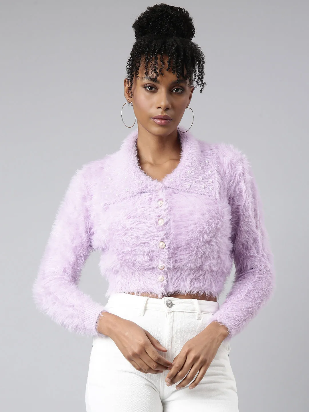 Hypoallergenic Yarn Tagless Design Women's Lavender Lapel Collar Crop Cardigan