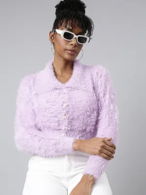 Women's Lavender Lapel Collar Crop Cardigan LowMaintenance Fabric Winter Outfit