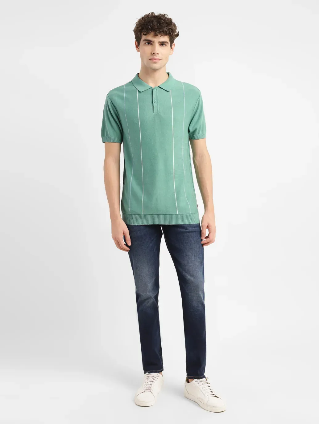 Men's Striped Green Polo Collar Sweater Cashmere Blend Relaxed Armhole Fit