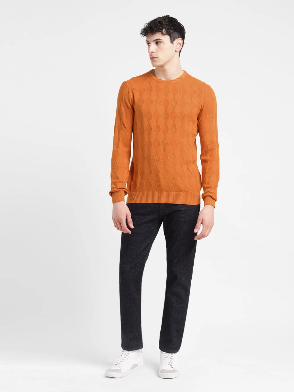 MachineWashable Men's Self Design Orange Crew Neck Sweater