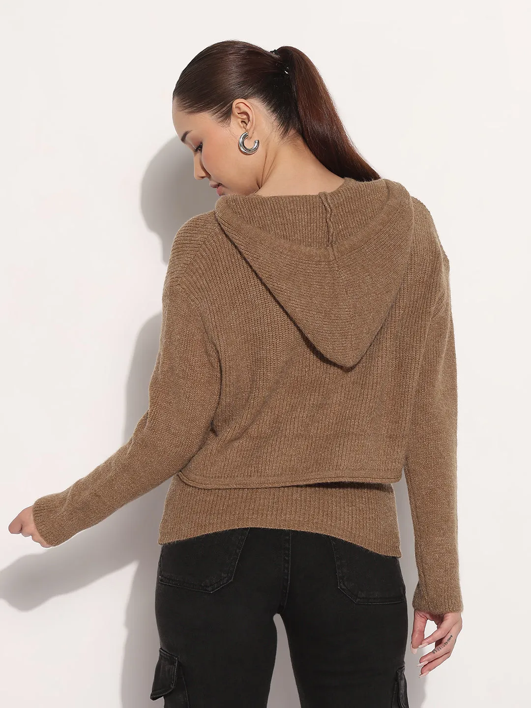 Women's Ribbed Brown V-Neck Sleeveless Knitted Tank Top with Sweater Layer Ready Breathable mesh lining