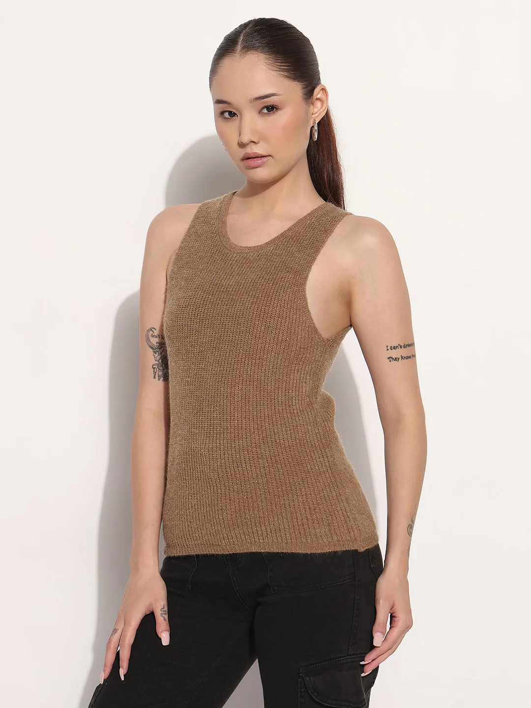 Loop Back Finish Women's Ribbed Brown V-Neck Sleeveless Knitted Tank Top with Sweater