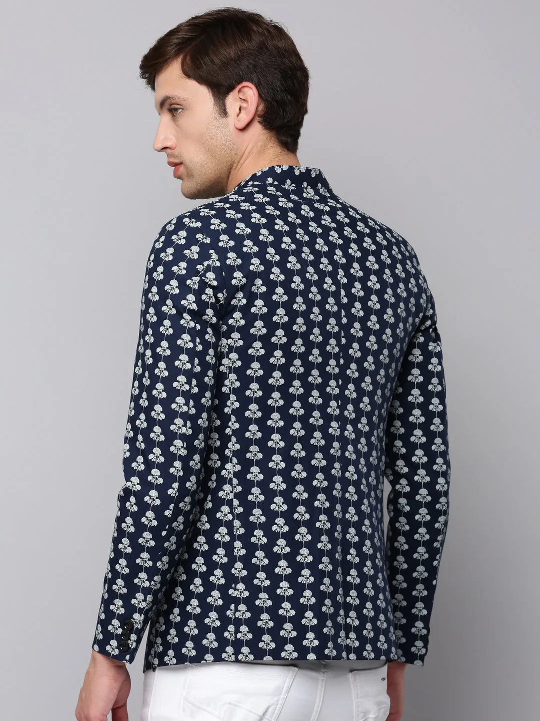 Sporty Chic Chill Commute Fit Men's Navy Blue Printed Slim Fit Bandhgala Blazer