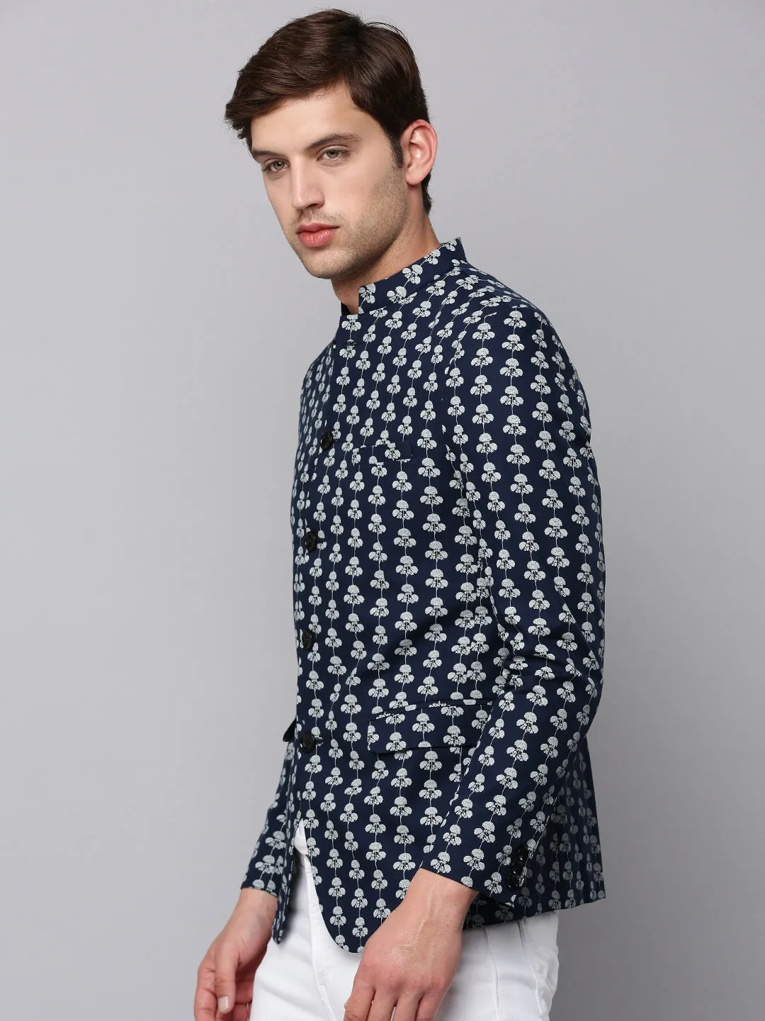 Reflective Safety Accents Rainy Day Men's Navy Blue Printed Slim Fit Bandhgala Blazer