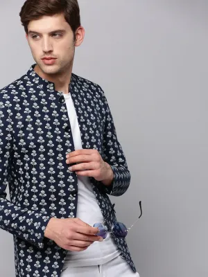 Magnetic Fastenings Men's Navy Blue Printed Slim Fit Bandhgala Blazer