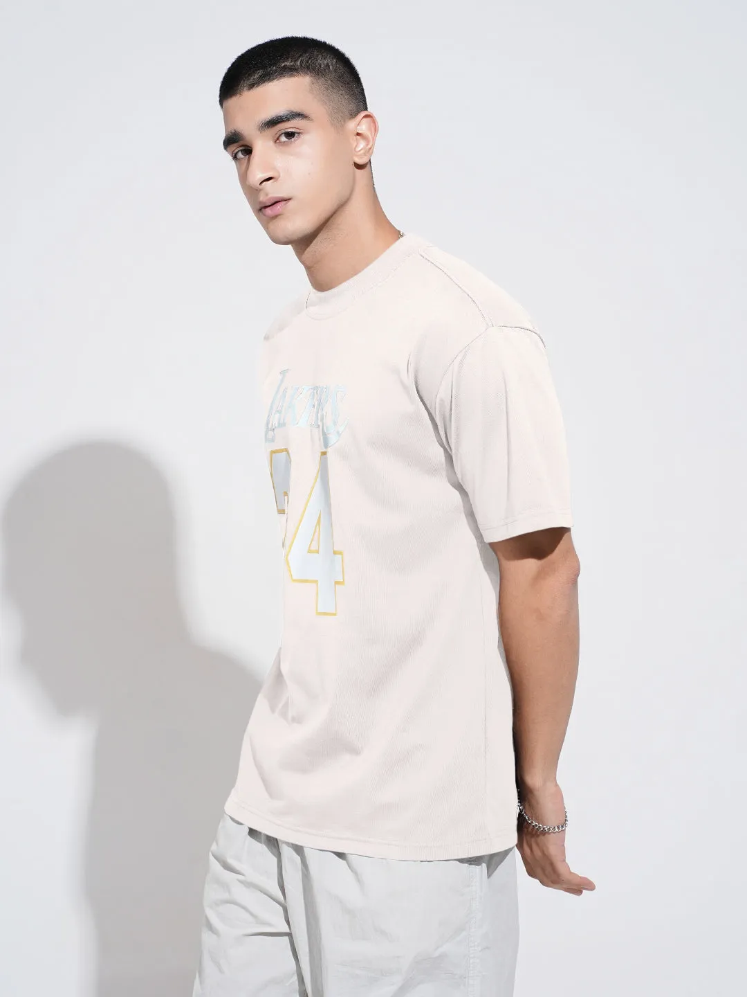 Men's Typography Cream Graphic Printed  Round Neck T-Shirt Sleek Stretch Fit