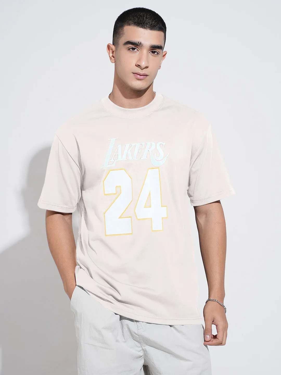 Oversized Fit Stylish piece Men's Typography Cream Graphic Printed  Round Neck T-Shirt