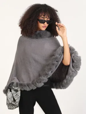 Women's Solid Grey Asymmetric Poncho Non Chafing Seams Knit Reinforced Edges