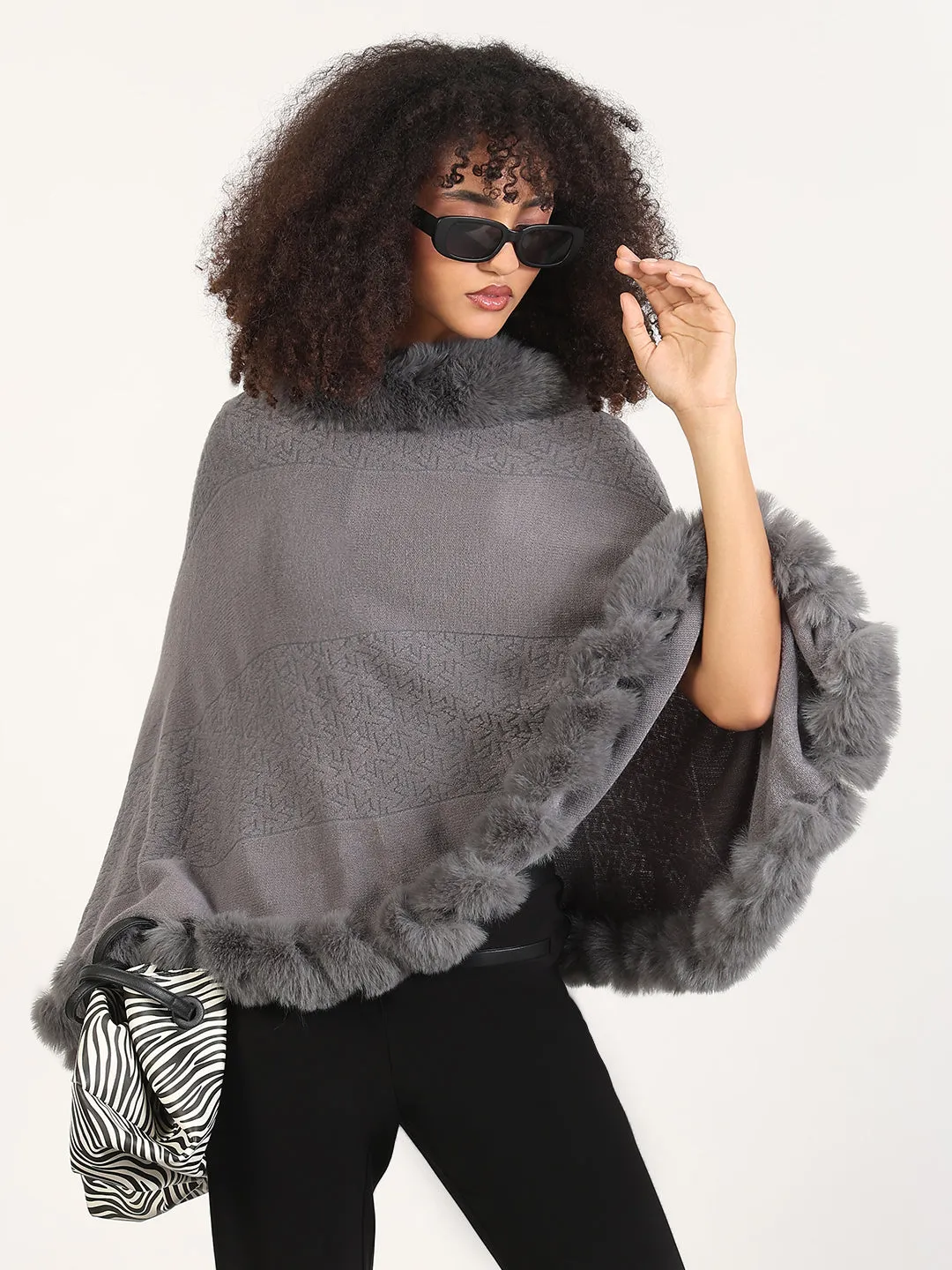 Women's Solid Grey Asymmetric Poncho Non Chafing Seams Knit Reinforced Edges