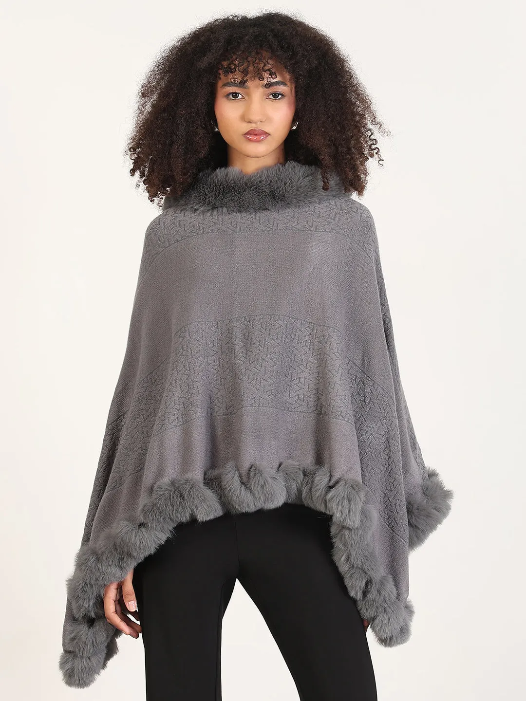 DropShoulder Design Women's Solid Grey Asymmetric Poncho