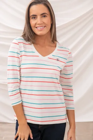Seamless Edging Movie Night Ariana Top - Coral Teal Stripe