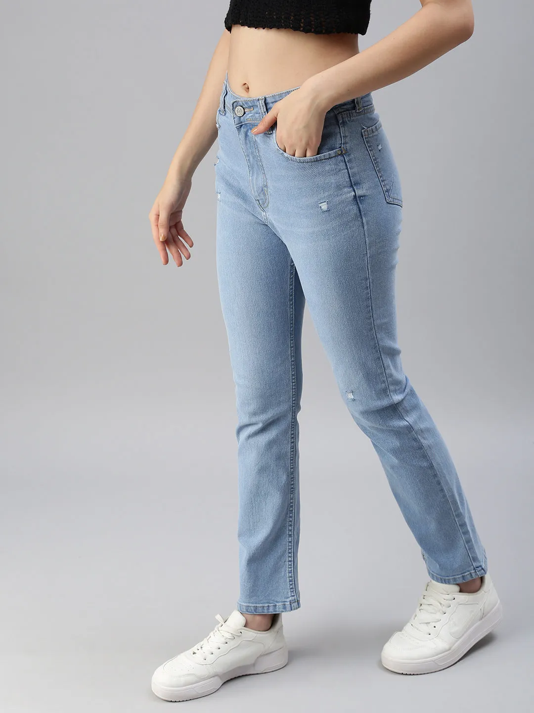 Work Outfit Women's Blue Straight Fit High-Rise Low Distress Light Fade Stretchable Jeans