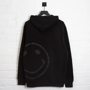 Streetwear Fashion Black On Black Side Smiley Back  - Pullover Hood - Black