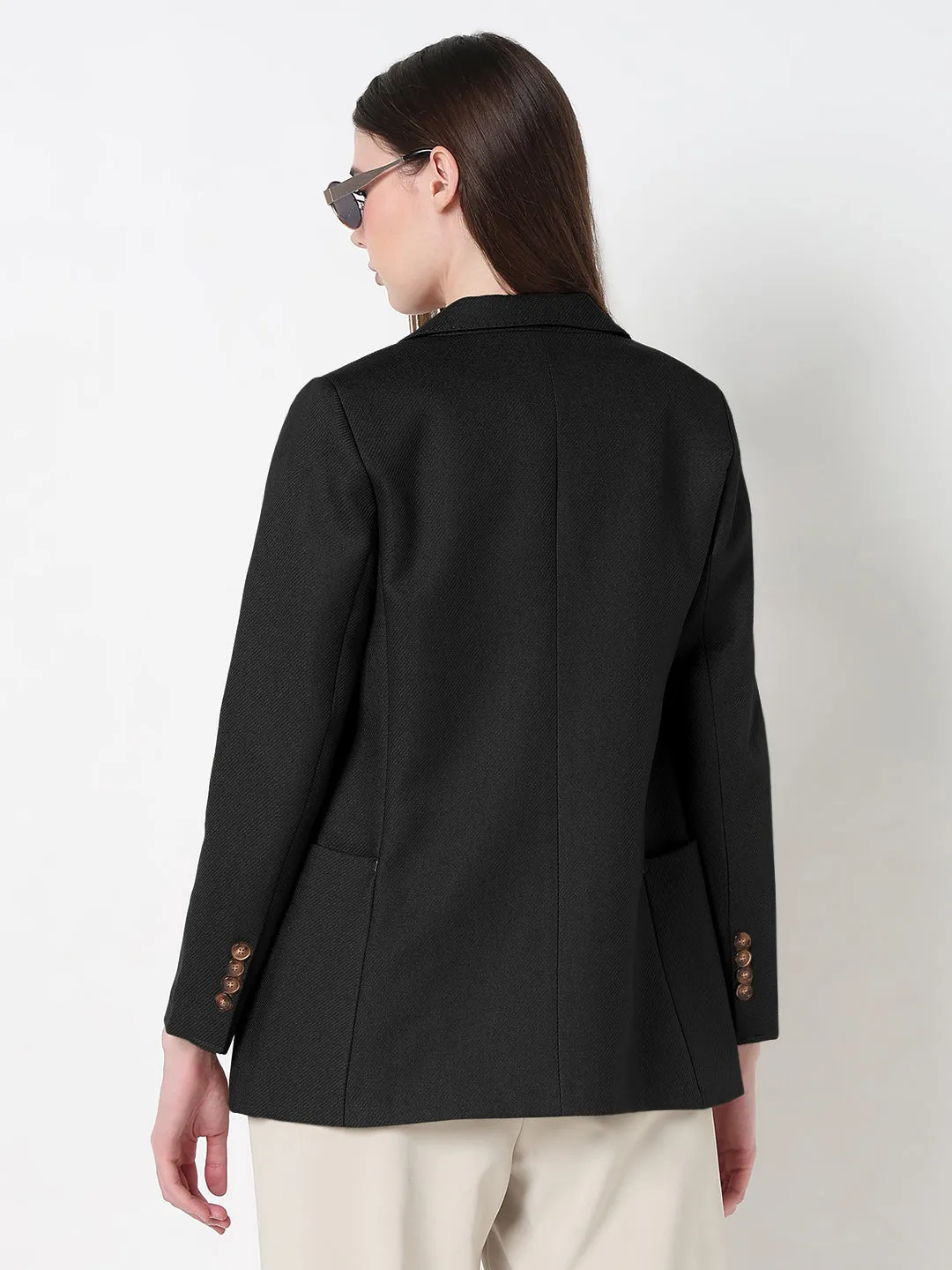 Flexible Comfort Women's Black Double Breasted Blazer with Shoulder Pads