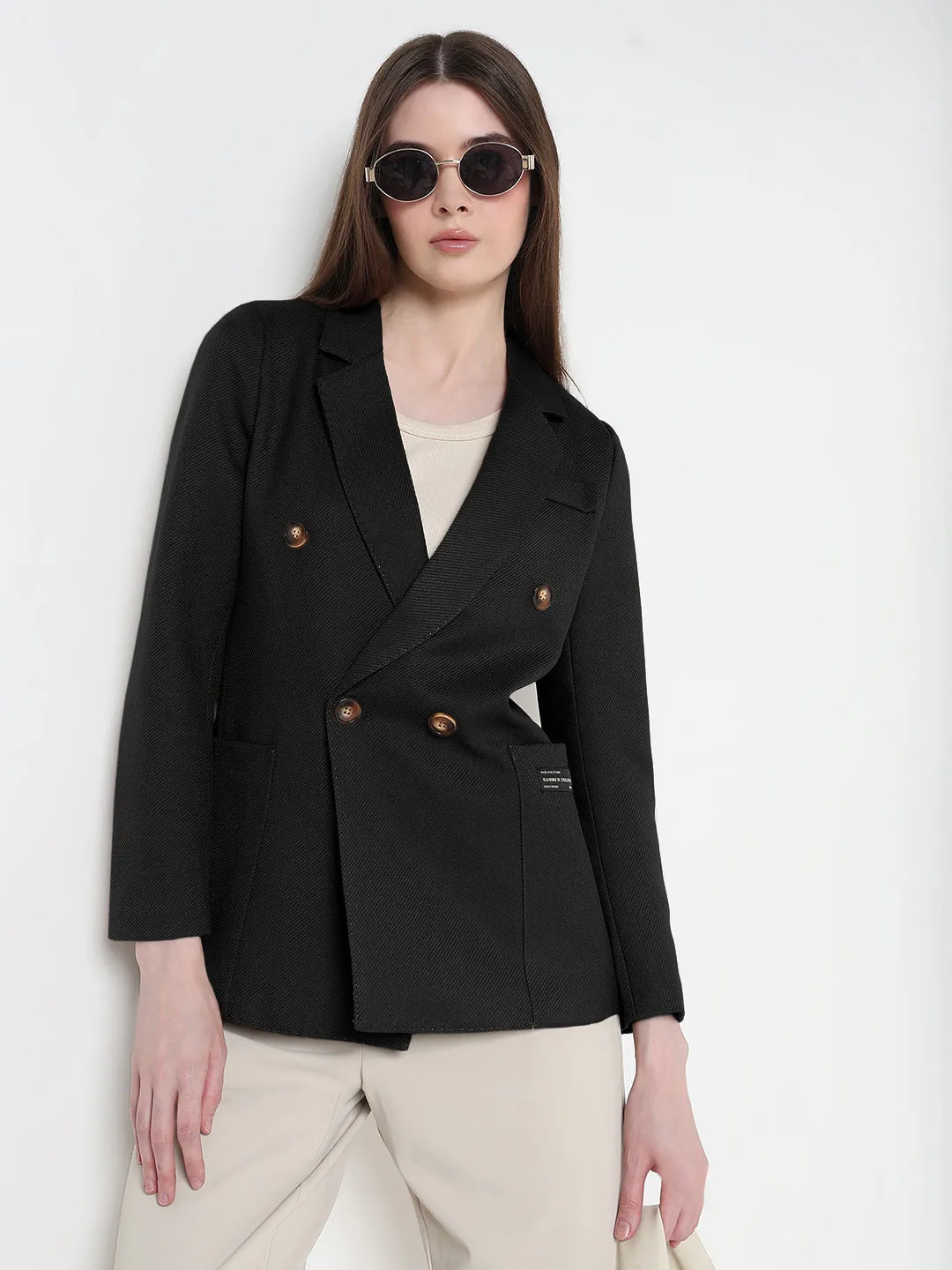 ReflectiveTrimDetails Windproof Cuffs Women's Black Double Breasted Blazer with Shoulder Pads