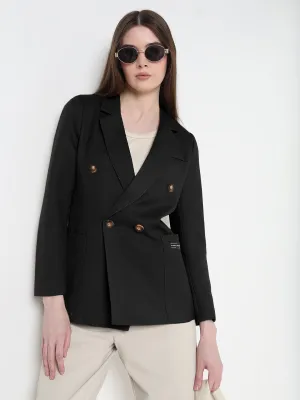 ReflectiveTrimDetails Windproof Cuffs Women's Black Double Breasted Blazer with Shoulder Pads