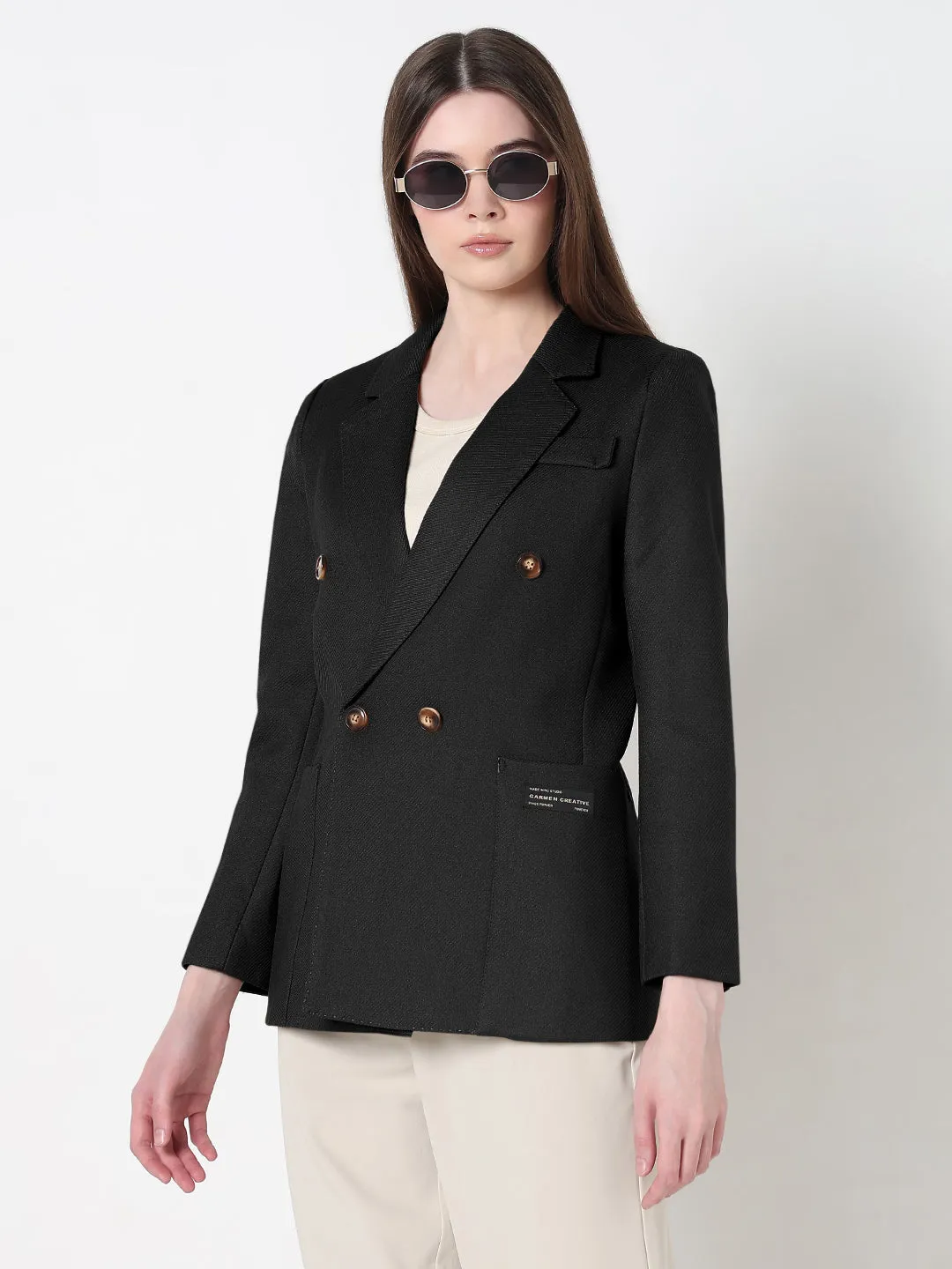 Women's Black Double Breasted Blazer with Shoulder Pads Glossy Finish