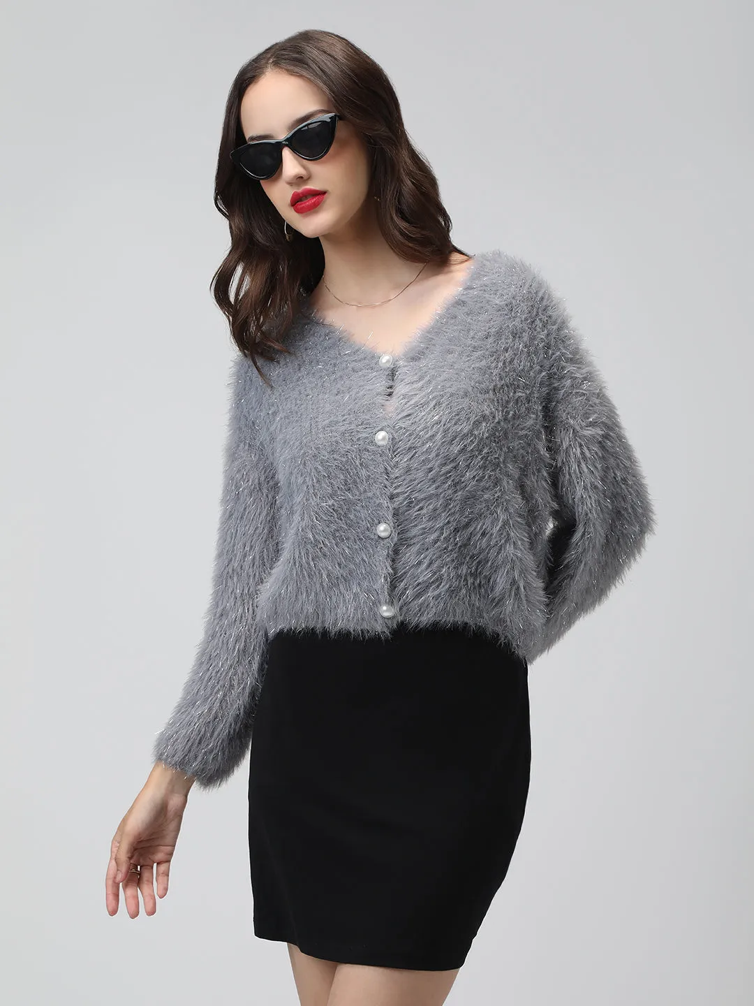 Recycled Polyester Contrast Stitch Women's Ribbed Grey V-Neck Cardigan